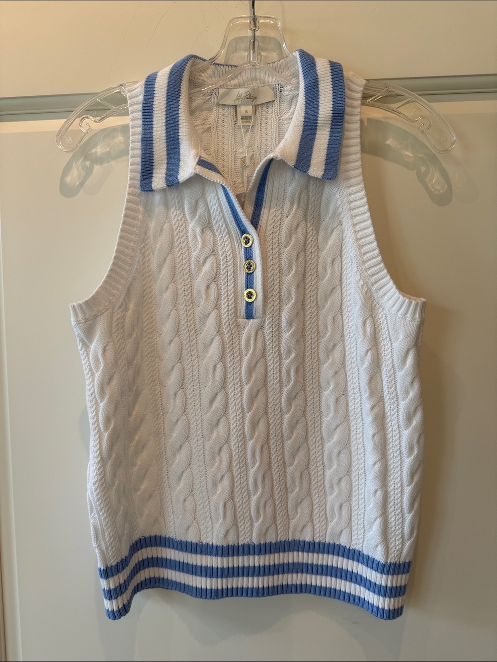 Lilly Pulitzer White ‘Suzette’ Knit Sleeveless Polo with Blue Trim NWT - Size S